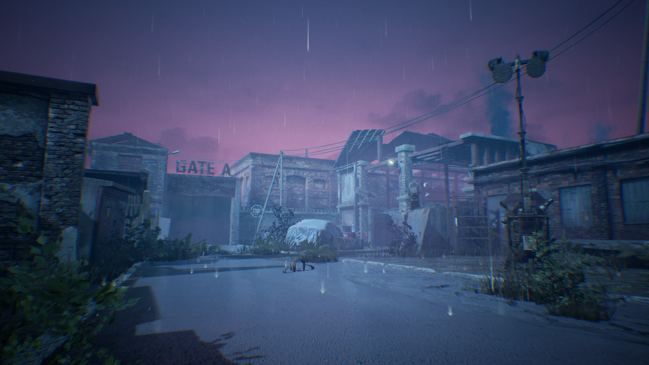 Open area of the map showcasing a generator and trap. Various derelict buildings impose in the background.