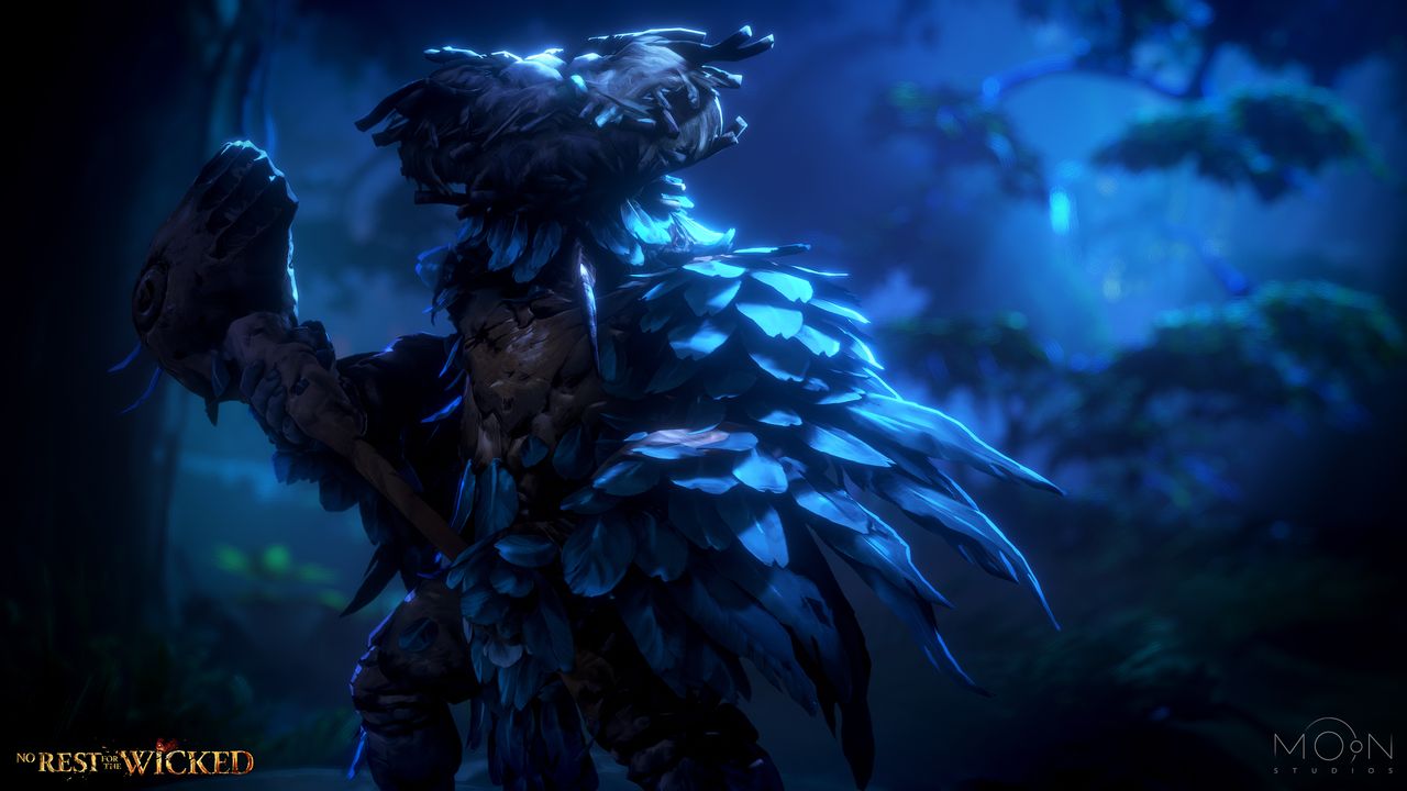 Player wearing feathered armour, holding an axe with both hands.