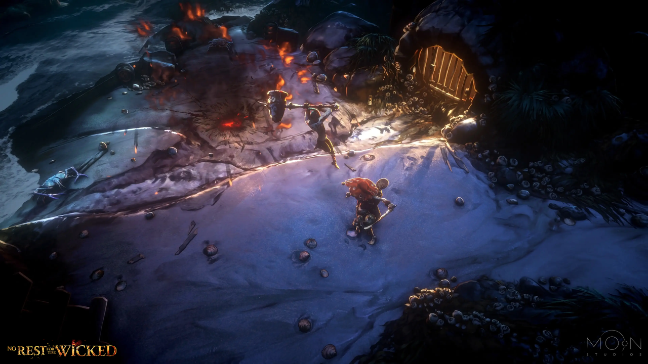 Along the coastline, player swinging their blade at an enemy leaping towards them. Explosion behind the enemy.