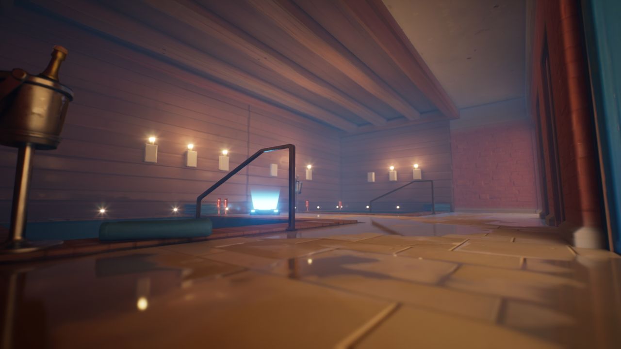 Interior of a sauna, symmetrical layout, health pack located in the middle of the room.