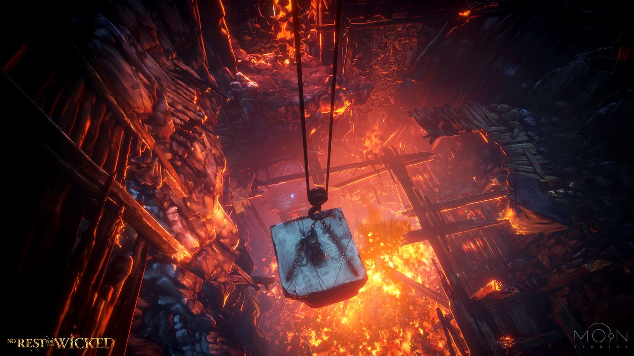 Player standing on a moving concrete block, hanging above the Mountain Pass volcano.