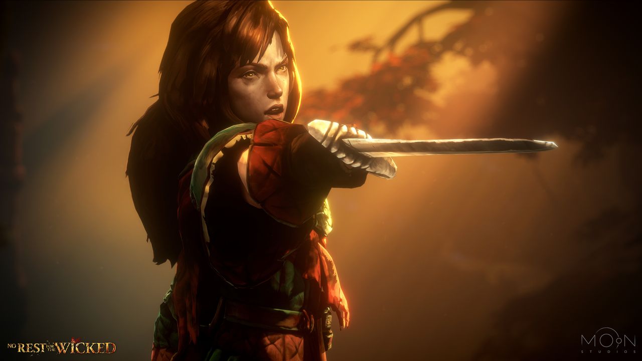 Odessa holding their blade towards the player.