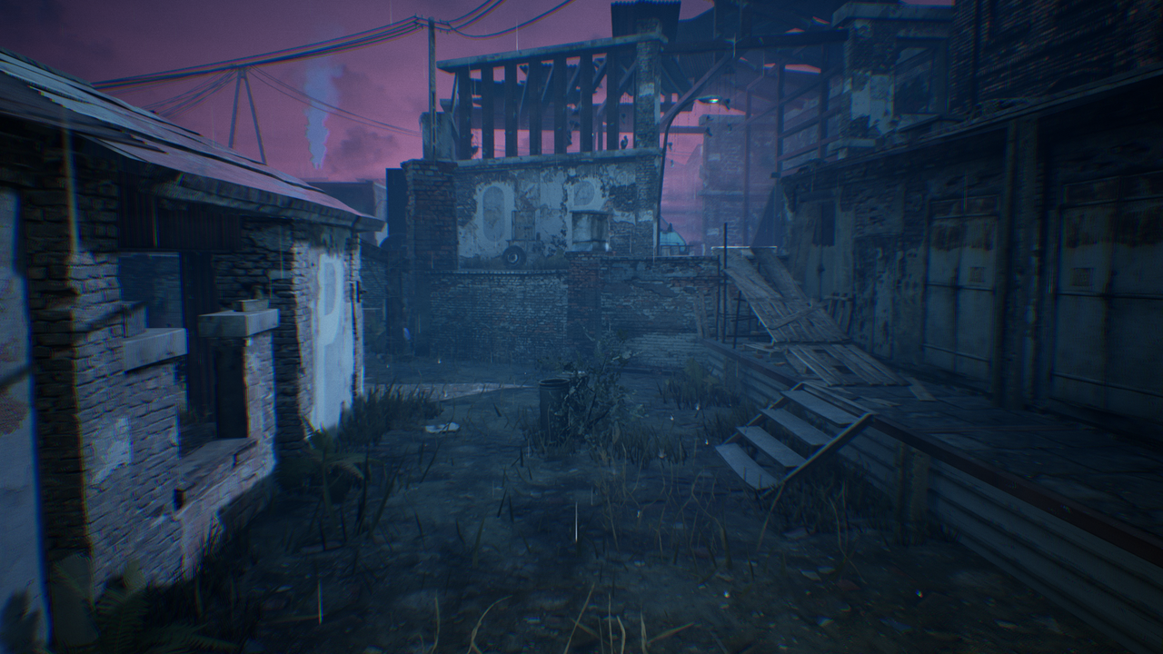 Wooden planks arched against a wall, creating a one-way vertical path leading up.