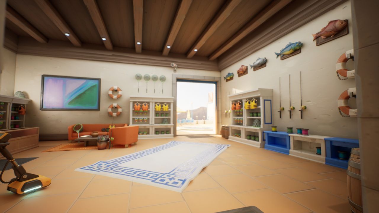 Interior of a fishing shop. Doorway leading out to a cliffside view of the ocean.