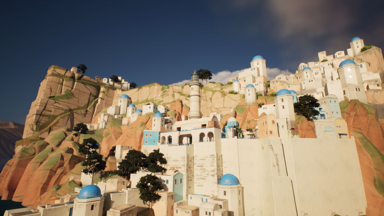 Wide view of the full map. A small town perched high upon a cliffside overlooking the ocean.