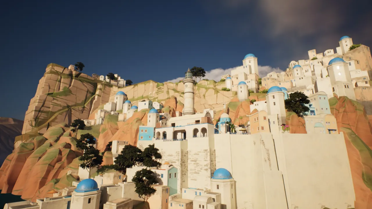 Wide view of the full map. A small town perched high upon a cliffside overlooking the ocean.