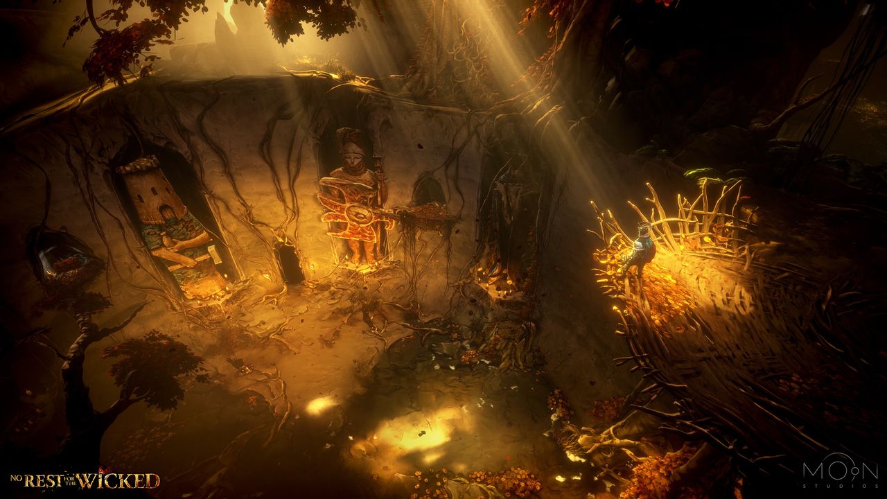 Player overlooking the ruins of an ancient temple in the dense "Marin Woods". Warm sunlight partially breaks through the trees above.