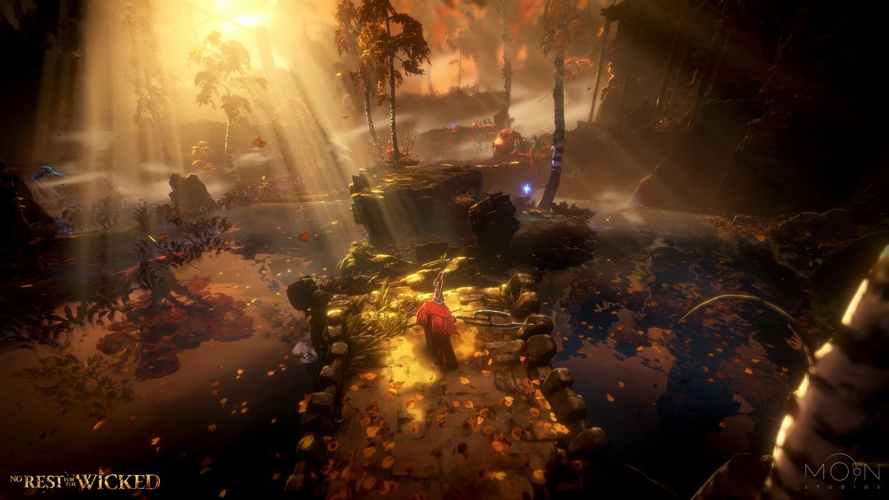 Player standing upon a ruined bridge, overlooking a lake and "Marin Woods" in the distance.