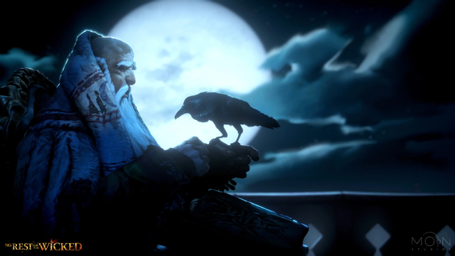 The "Watcher", an elder of Sacrament sitting on a balcony overlooking a full moon. He is communing with a crow perched upon his lifted hand.